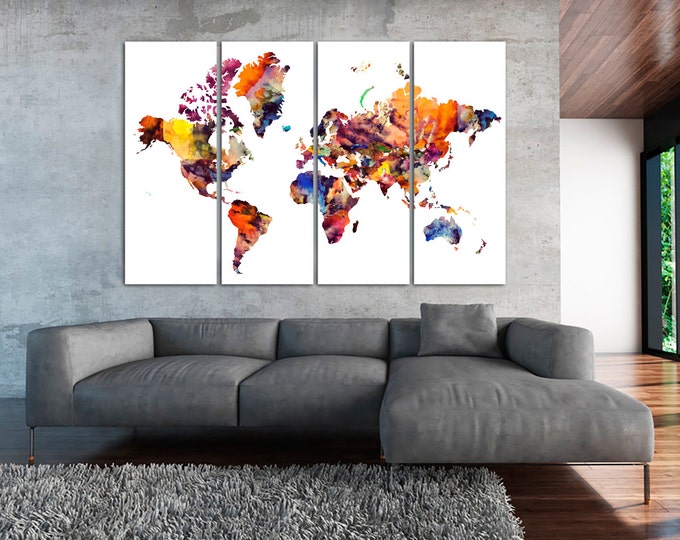 World Map Canvas Large Print Wall Art / 3 or 5 Panel / Watercolor World Map Print on Canvas Wall Art for Home and Office Wall Decoration