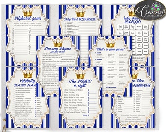 Royal Baby Shower boy games little prince package bundle printable with royal blue and gold theme, 8 games pack - Instant Download - rp001