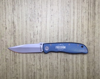 Patriotic Pocket Knife, Unique Pocket Knife, FREEDOM engraved on the side, Perfect Military gift, Custom Pocket Knife, Lifetime Warranty