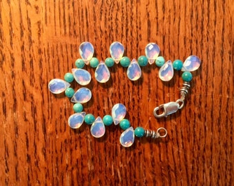 beautiful vintage opalite and turquoise beaded bracelet with sterling closure