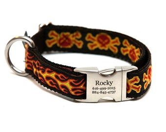 Rita Bean Engraved Buckle Personalized Dog Collar - Flames (Black & Yellow)