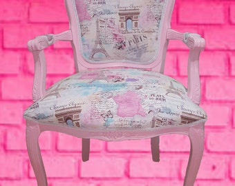 Louis XV Armchair Paris Lovers fabric Pink carved frame White trim