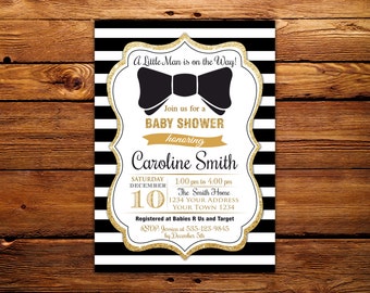 Bow Tie Baby Shower Invitations. Printable Black Gold Baby Shower Invites. Boy Bowtie Baby Shower Invitation. Black and White Stripe.