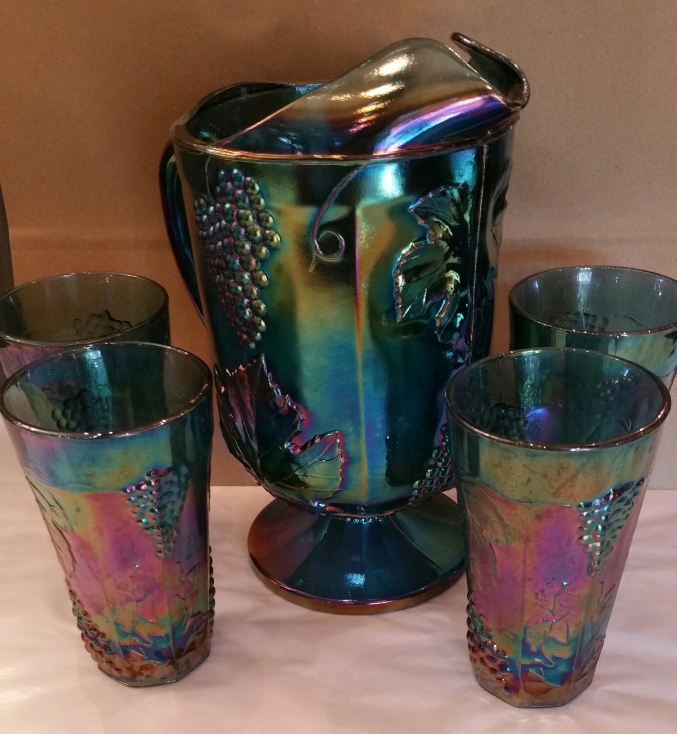 Indiana Blue Carnival Glass Pitcher and 4 Glass Tumblers Set