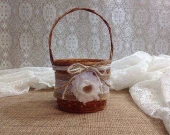 Rustic Flower Girl Basket Shabby Chic Wedding Basket Rustic Wedding Decor Rustic Gift Burlap Lace