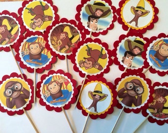 12 Curious George birthday decor, Curious George party favors, Curious George cupcake toppers or party tags