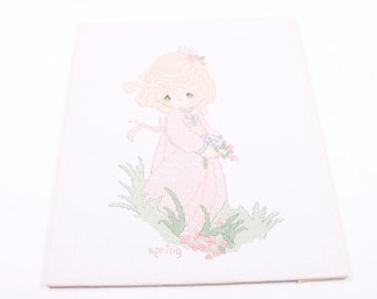 Vintage Completed Precious Moments Cross Stitch Panel SPRING Girl So Cute Sweet ~ The Pink Room ~ 160924