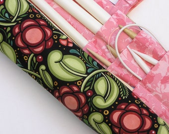 knitting needle case - knitting needle organizer - circular knitting needle case - mod flowers and foliage 36 pockets