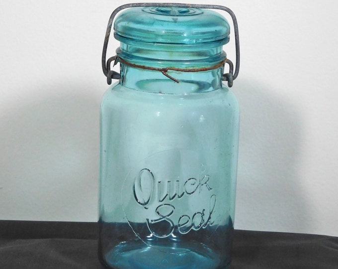 Aqua Blue Glass Quick Seal Quart Mason Jar Metal Wire Clamp Top