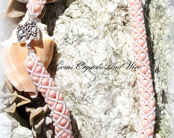 Swarovski Pearl Bead Netted Necklace, Pink Coral Pearls, Beach Wedding, Antique Silver Clasp, Prom, Seed bead Netting
