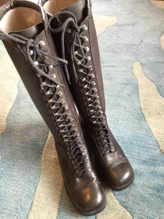 #VINTAGE Fluevog black leather boots 20 row lace up rare skiprope ...