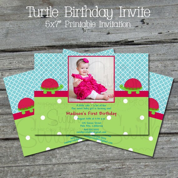 Photo Turtle First Birthday Invitation --- Cute Turtle digital printable party Il_570xn