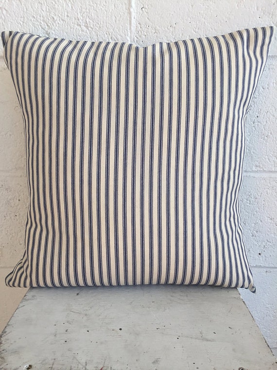 Blue Ticking Pillow by LittleHousesClothing on Etsy