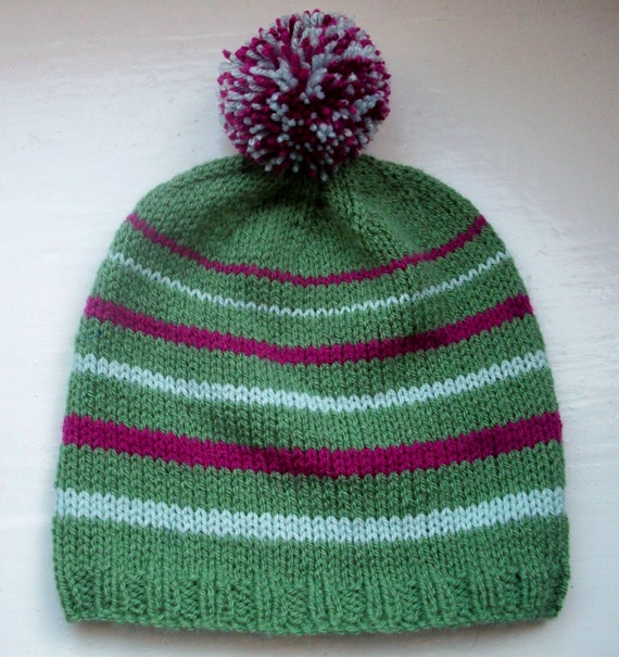 Vegan beanie, pompom, sage green, striped, knit hat, teen or small size