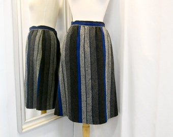 Vintage 1980s 80s Skirt Wool Skirt Grey and Blue Striped Skirt A-Line Skirt Handmade Eighties Secretary Office Wear Size XS - S