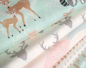 Hello Bear fabric bundle, Rustic Baby Quilt Fabric, Woodland Blanket fabric, Rustic Decor, Deer fabric, Bundle of 5- You Choose the Cuts