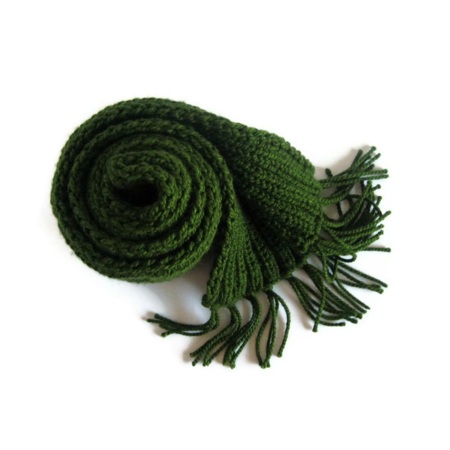 Dark Green Wool Chunky Knit Scarf Winter Hand Knitted Fringes