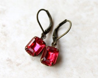 Deep Pink Rhinestone Earrings, Pink Petites, Dark Rose, Vintage Jewel Earrings, Estate Style