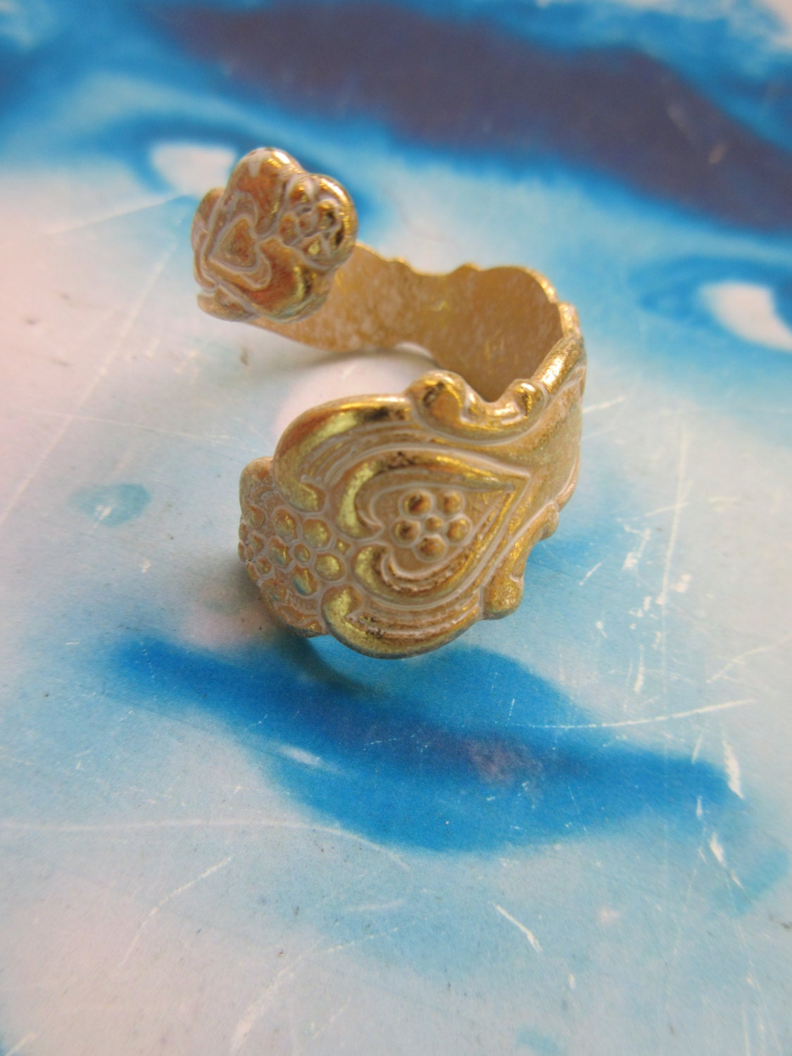 Gold Plated White Frosted Patina Brass Floral Spoon Rings