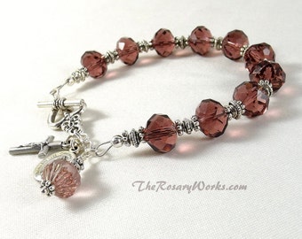 Miraculous Medal Rosary Bracelet Chaplet St Therese Mother of Sorrows Good Shepherd Sacred Heart Burgundy Crystals Single Decade Prayer Bead