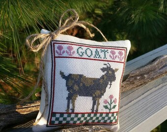 Cross Stitch Goat Pillow Prairie Schooler Handmade Home Decor