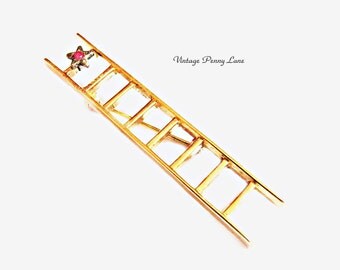 Vintage Ladder Pin, Rhinestone Star, Gold Brooch