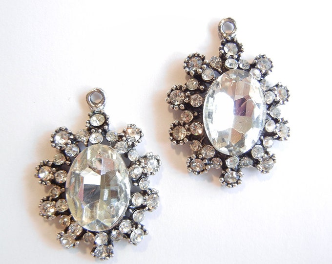 Pair of Oval Crystal Pave Antique Silver-tone Charms
