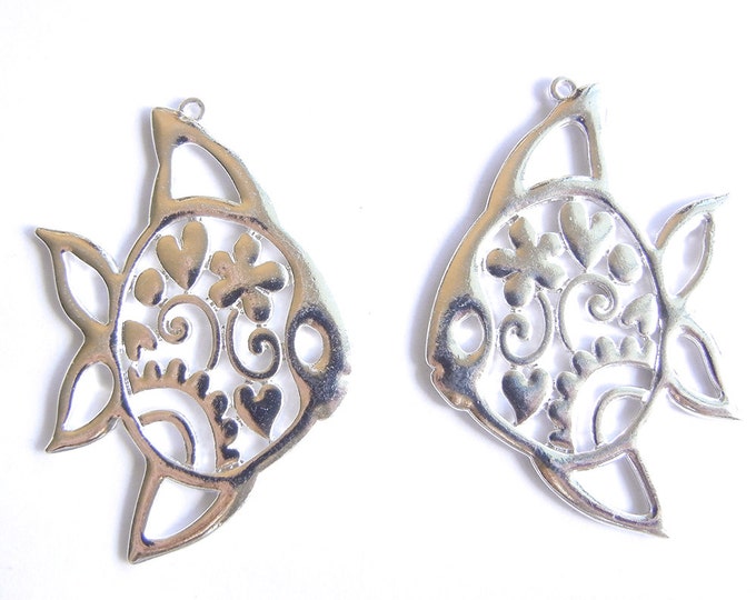 Pair ofFish Charms with Decorative Cut-out Design Bright Siver-tone