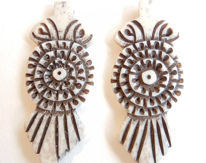 2 Primitive Handcarved Owl Bone Pendants