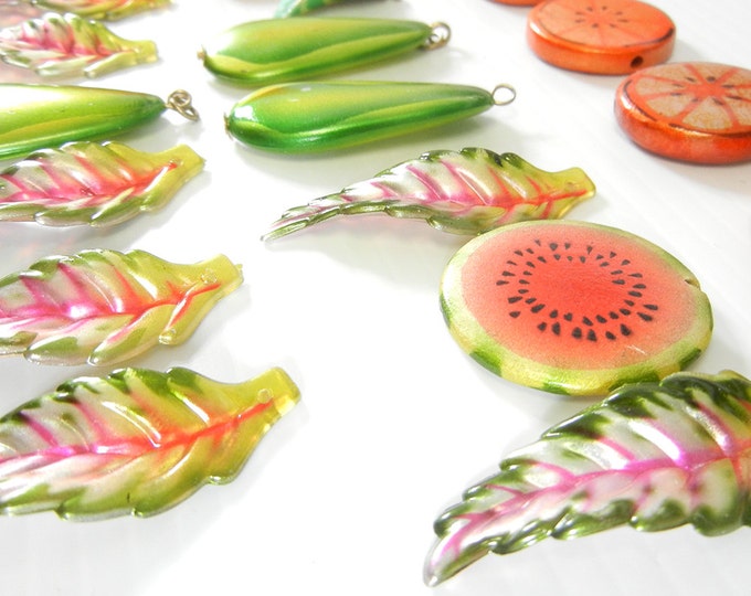 10 Acrylic Mixed Fruit Beads with 12 Leaf Charms
