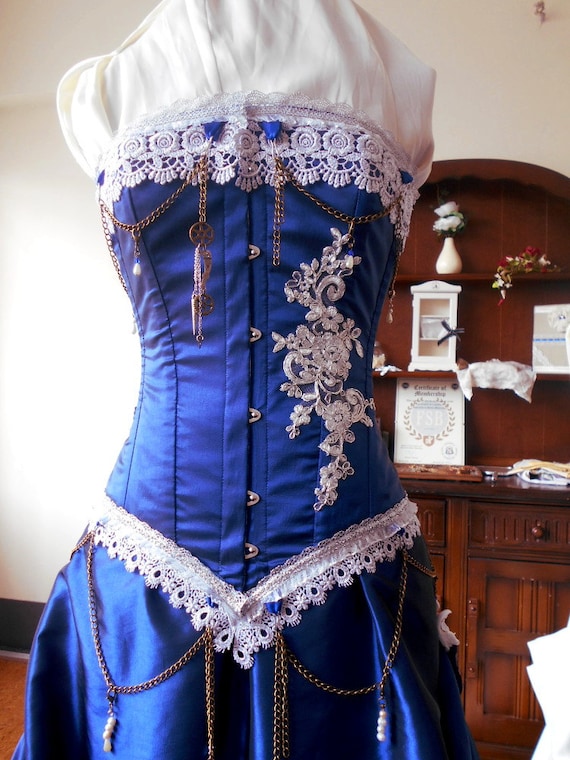 Harri - SILVER and midnight blue Custom made steampunk steel boned corset wedding bridal gown by BoundByObsession steampunk buy now online