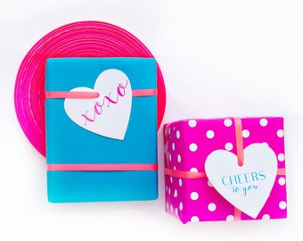 Bright Boxed Letterpress Gift Tags XOXO and Cheers in Aqua and Fuchsia