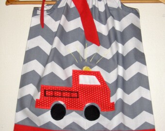 Fire truck dress Grey chevron fire truck dress fire fighter pillowcase dress 3,6,9,12,18 month 2t,3t,4t,5t,6.7.8