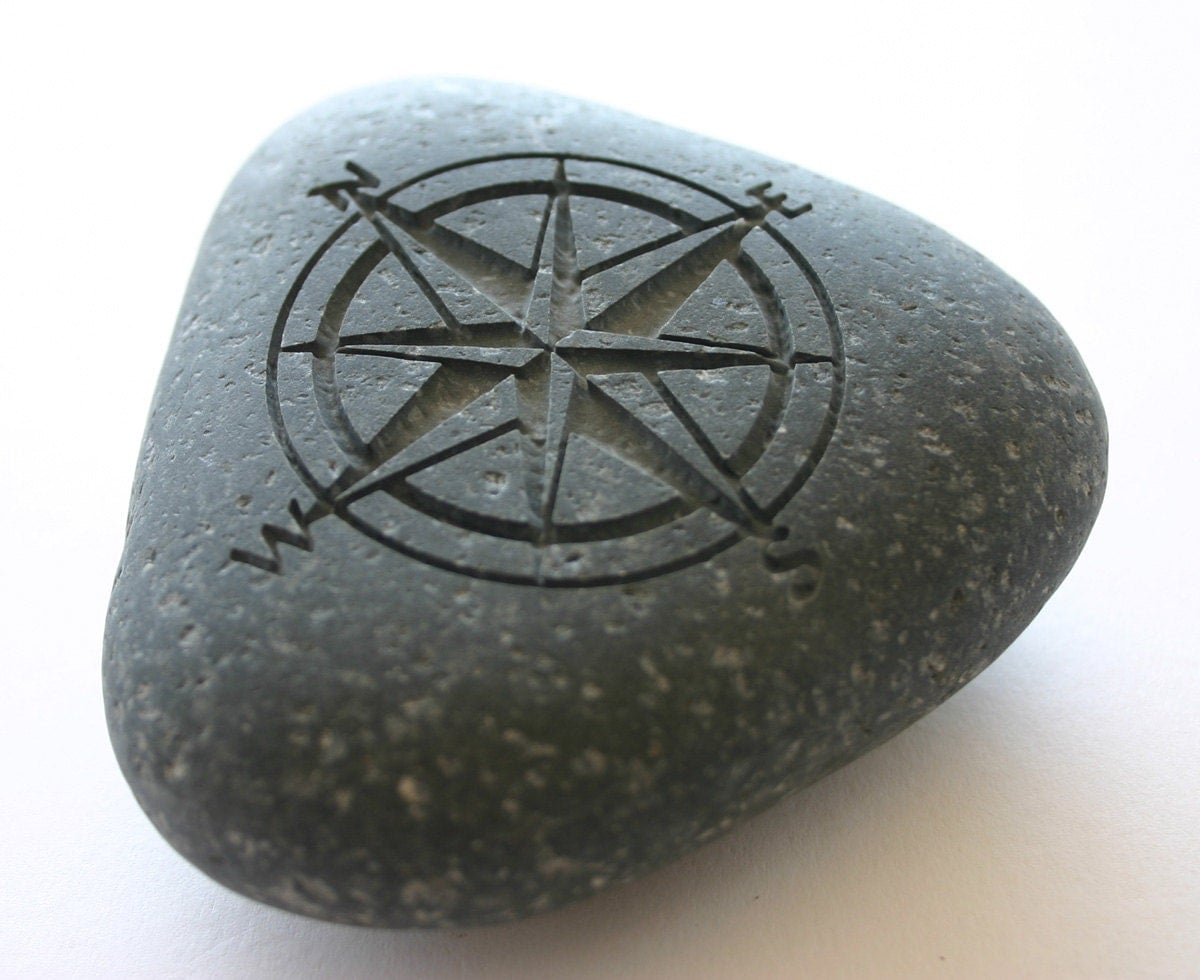 Compass Rose Engraved Stone Nautical River Rock by MonkeysJewels