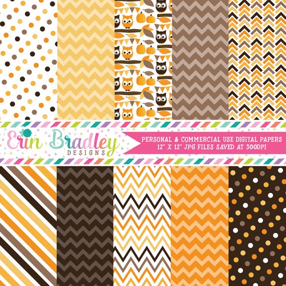 Autumn Owls Orange Brown and Yellow Digital Paper Pack Instant Download Il_570xn
