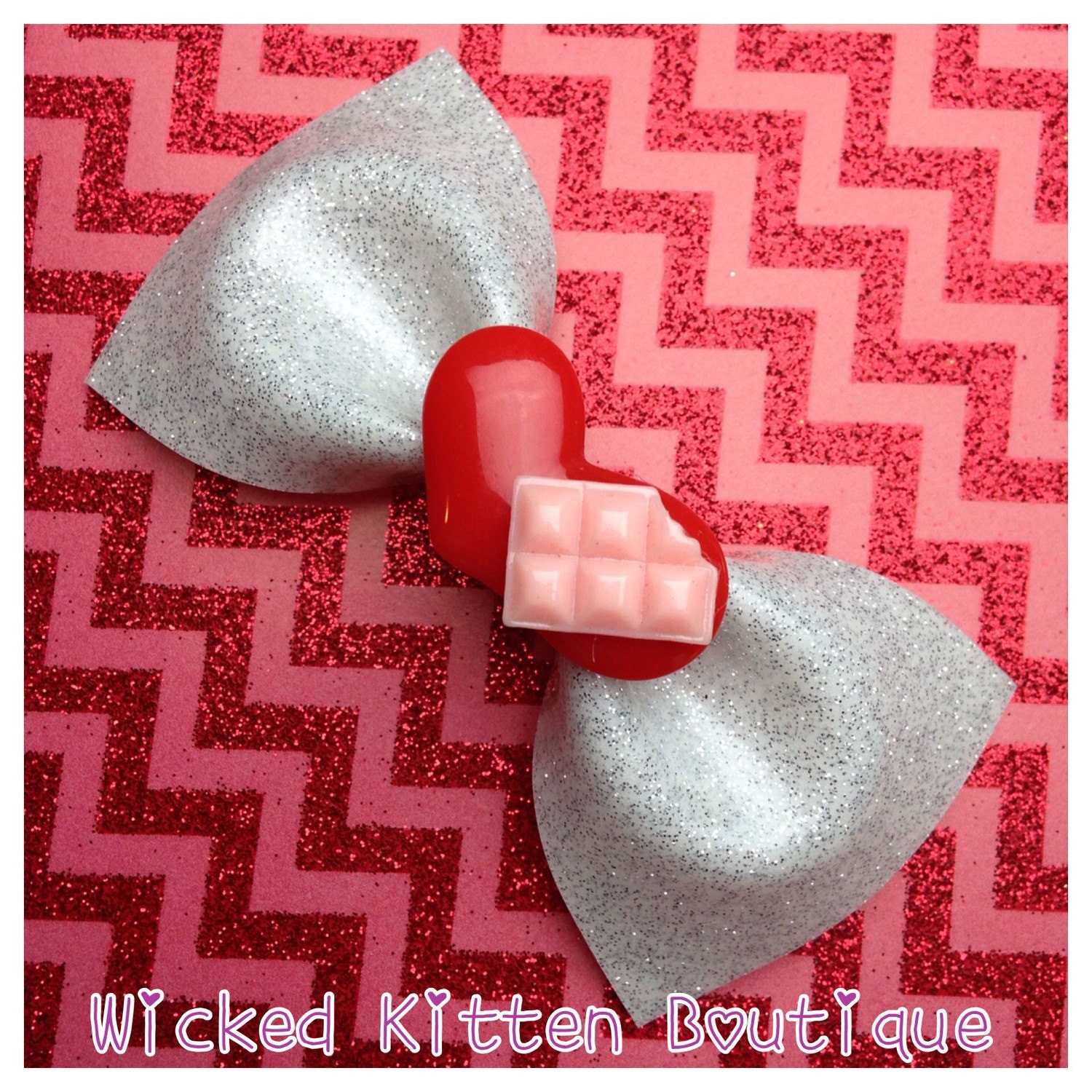 White Glitter Vinyl Hair Bow Red Heart Pink Chocolate Bar