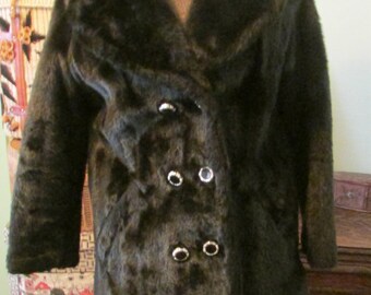 Vintage Fake Fur Coat Faux Fur Jacket 1960s Double Breasted Brown and Black Coat Sharpee