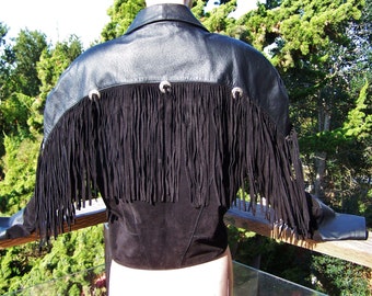 Fringe Leather Jacket, SCULLY Jacket, Black Suede Jacket, Fringed suede jacket, Black Leather coat, size M