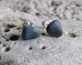 Blue Slag Glass Sea Glass Sterling Silver Studs Post Earrings (764)