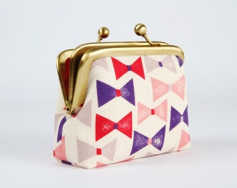 Metal frame purse with two sections - Ribbons in pink and purple - Siamese dad / Berry red grey navy / Japanese fabric