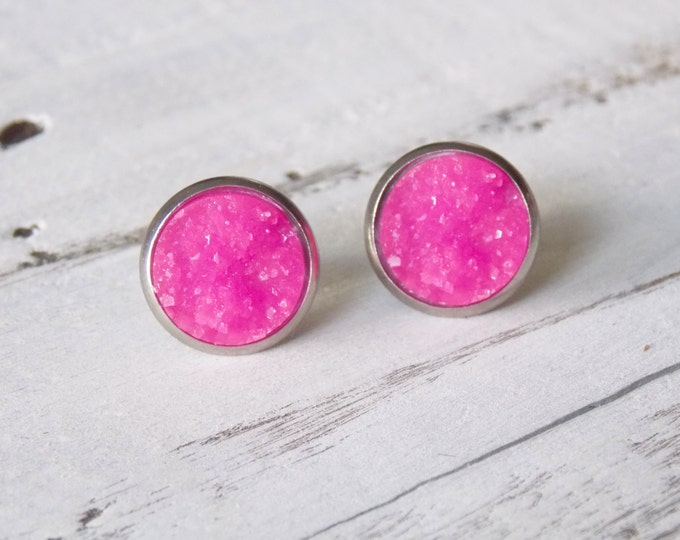 Druzy Studs Druzy Earrings Faux Druzy Stud Earrings Bubblegum Pink Druzy Earrings Boho Jewelry Gift Pink Stud Earrings