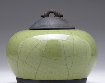 Raku ceramic Jar, olive green Pottery,Raku Fired Covered Jar, home decor,handmade jar,art pottery,small urn