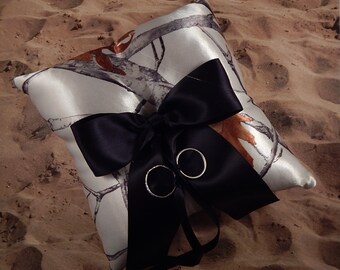 Snow Camo Camouflage Satin Black Bow Wedding Ring Bearer Pillow