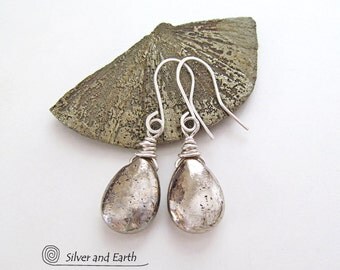 On SALE - Pyrite Earrings, Sterling Silver, Wire Wrapped, Organic Earthy Pyrite Jewelry, Natural Stone, Gray Metallic Gemstone Jewelry Sale