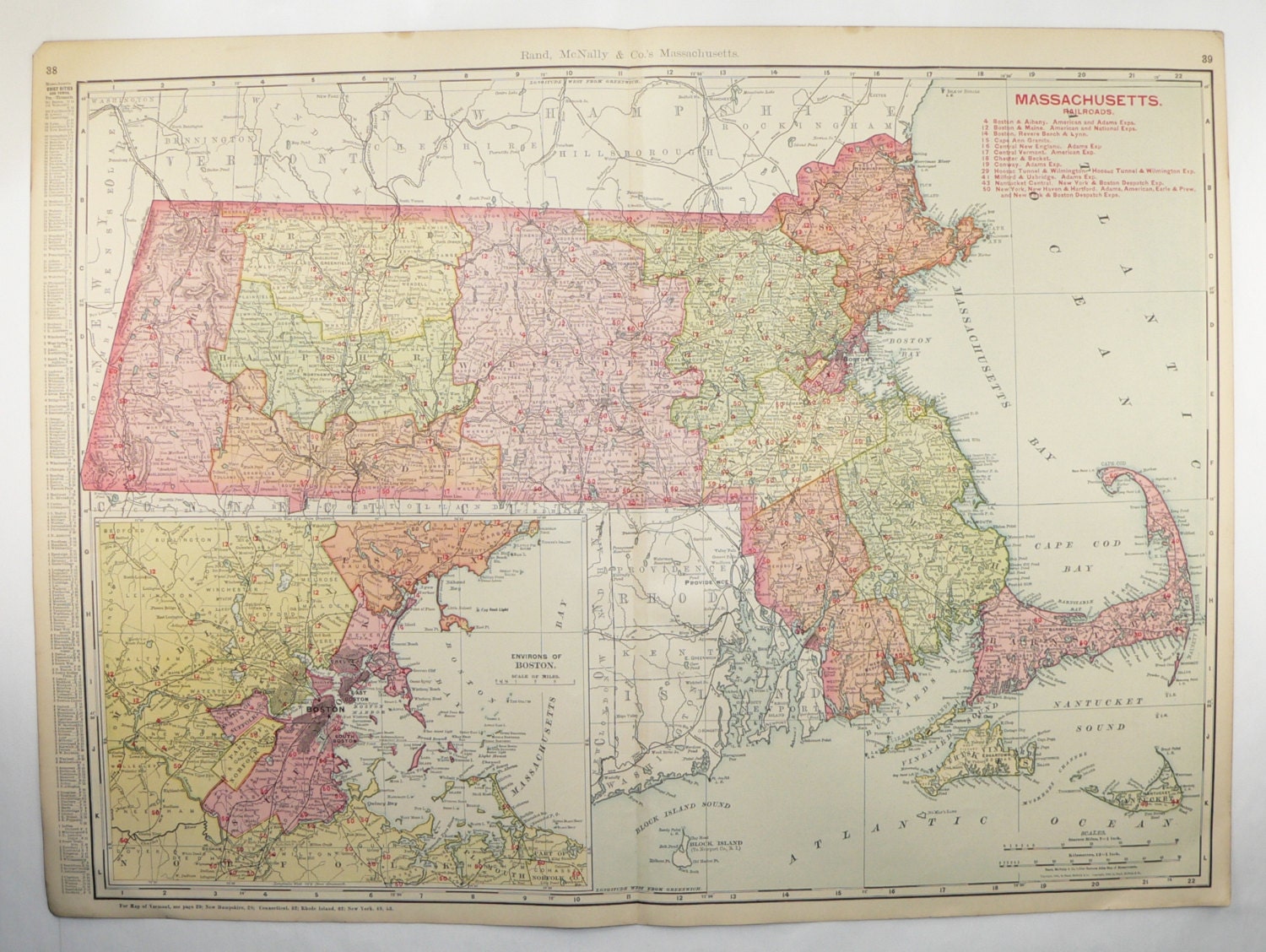 Large Massachusetts Map 1903 Antique State Map Railroad Map