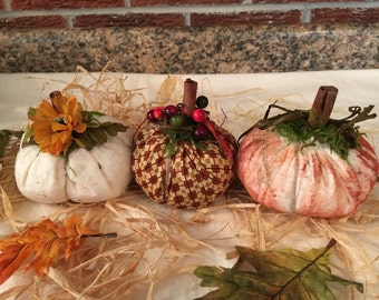 Set of Three Little Fabric Rustic Country Pumpkins: White Pumpkin, Painted Orange Pumpkin, Plaid Brown Pumpkin