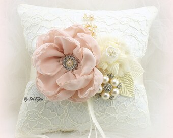 Wedding Ring Pillow, Blush Pillow, Lace, Ivory, Cream, Vintage Wedding, Bridal Ring Pillow, Brooch, Gatsby, Crystals, Pearls, Elegant