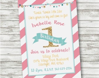 Twinkle Twinkle Little Star Birthday Invitation - Glitter Stars Birthday - First Birthday - Pink Turqoise Invitation - DOWNLOAD and PRINT!