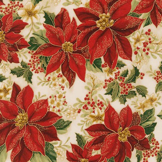 Robert Kaufman Holiday Flourish 8 Poinsettias Metallic