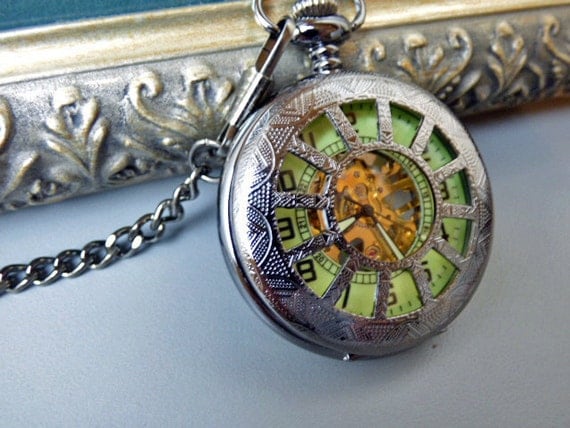 Pocket Watch - Glow in the Dark Black Mechanical Pocket Watch with Chain - Steampunk Pocket Watch - Item MPW021 by ArtInspiredGifts steampunk buy now online